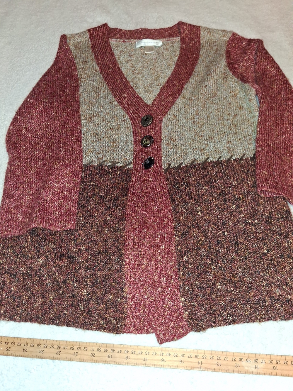 Colorblock V-Neck Woman's Swe0ater Cardigan in Burgundy and Beige